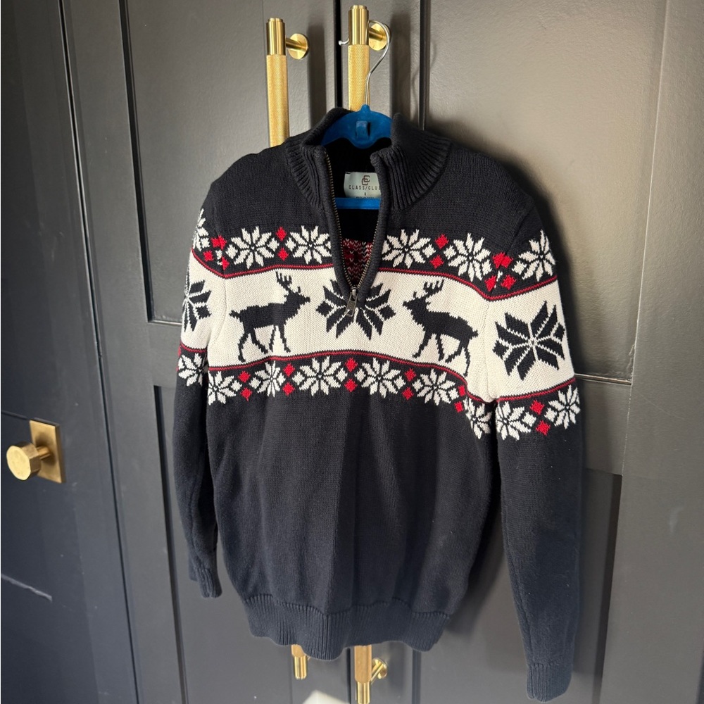 Class Club Black and White Zip Up Sweater with Reindeer